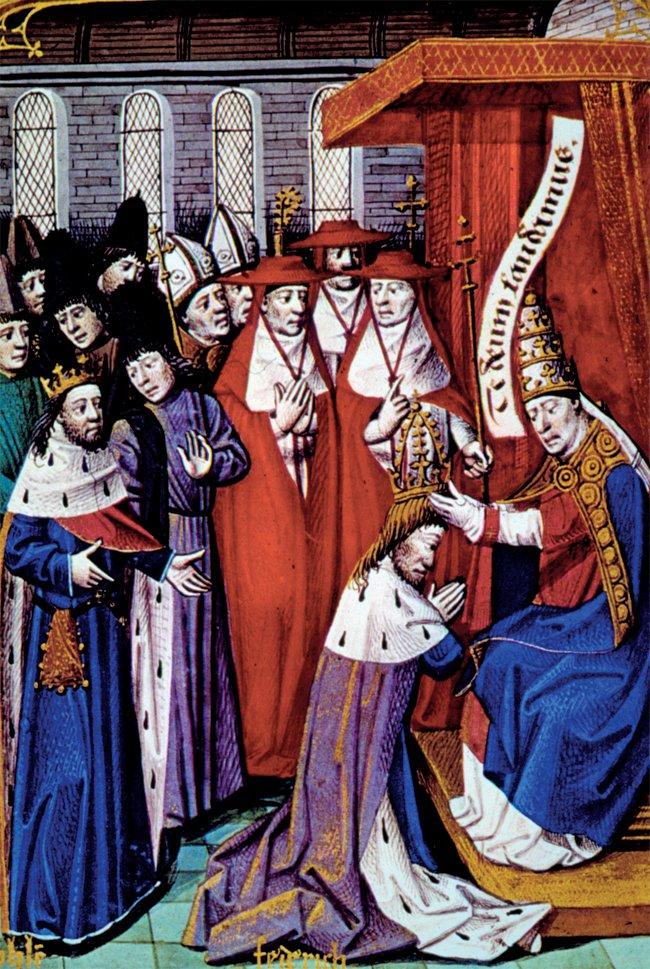 Mukaddes Roma İmparatoru ve Sicilya Kralı II. Friedrich’in taç giymesini gösteren bir minyatür (Bradford, s. 92)