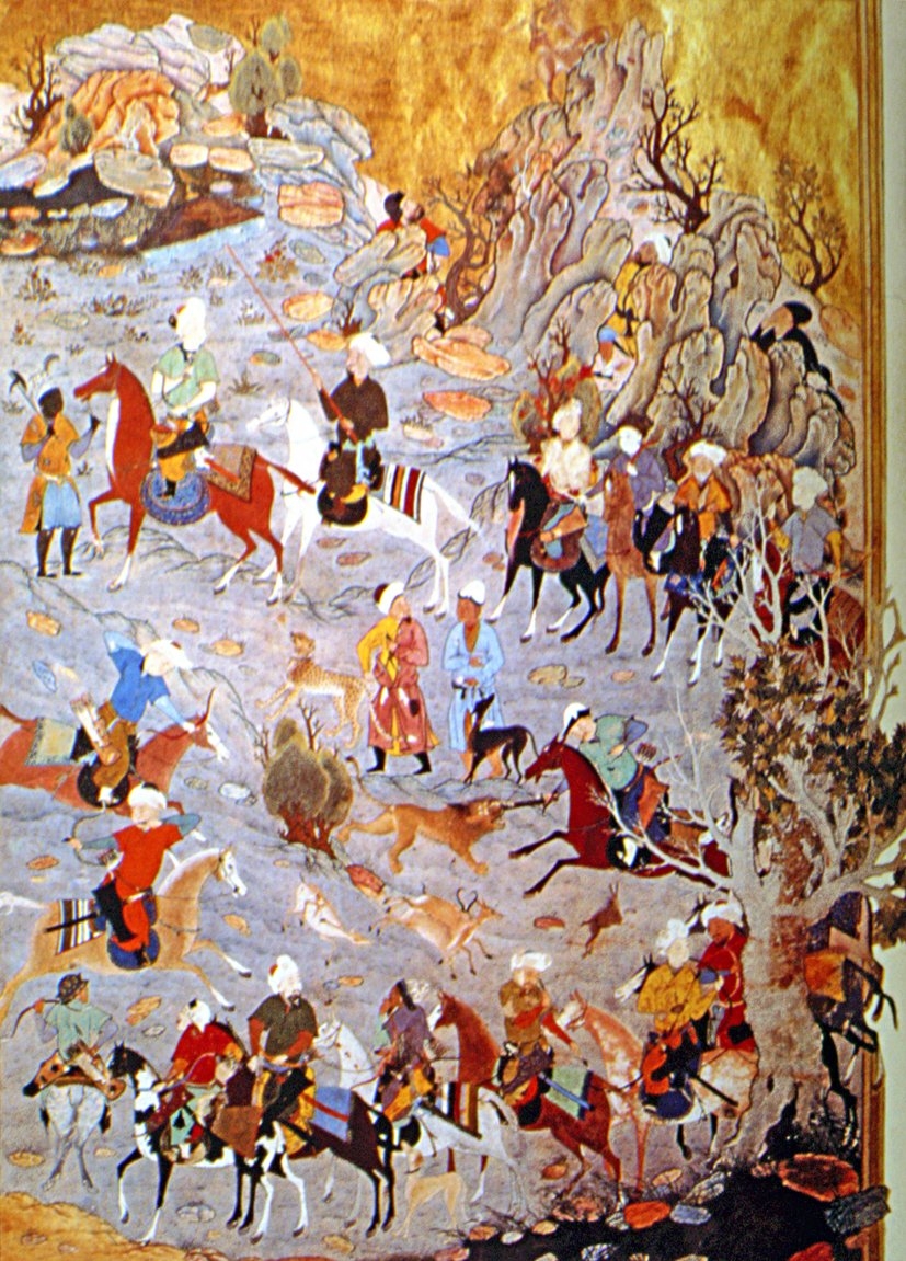 Minyatürleri Bihzâd’a atfedilen Dihlevî’nin Heşt Bihişt mesnevisinin sürek avını tasvir eden takdim sayfalarından biri (TSMK, Hazine, nr. 676)