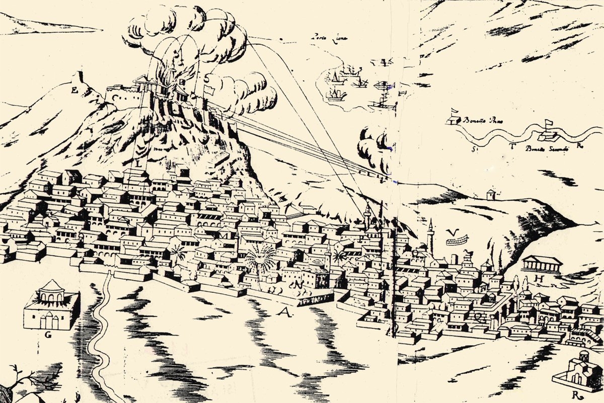 1687’de Venedikliler’in Atina’yı kuşatması sırasında top güllesinin isabeti sonucu Parthenon İçkale Camii’nin yanışını gösteren bir çizim (Fanelli’den)