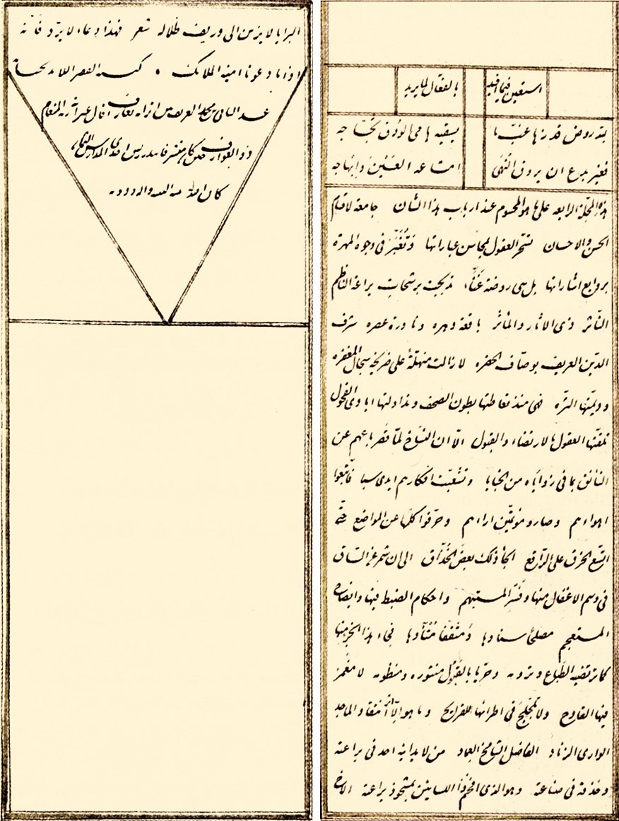 Abdülbâki Ârif Efendi’nin kendi hattıyla Köprülüzâde Fâzıl Ahmed Paşa’ya sunduğu Mecelletü’r-râbia risâlesinin ilk ve son sayfaları (Süleymaniye Ktp., Ali Nihad Tarlan, nr. 75/5, vr. 98b, 99b)