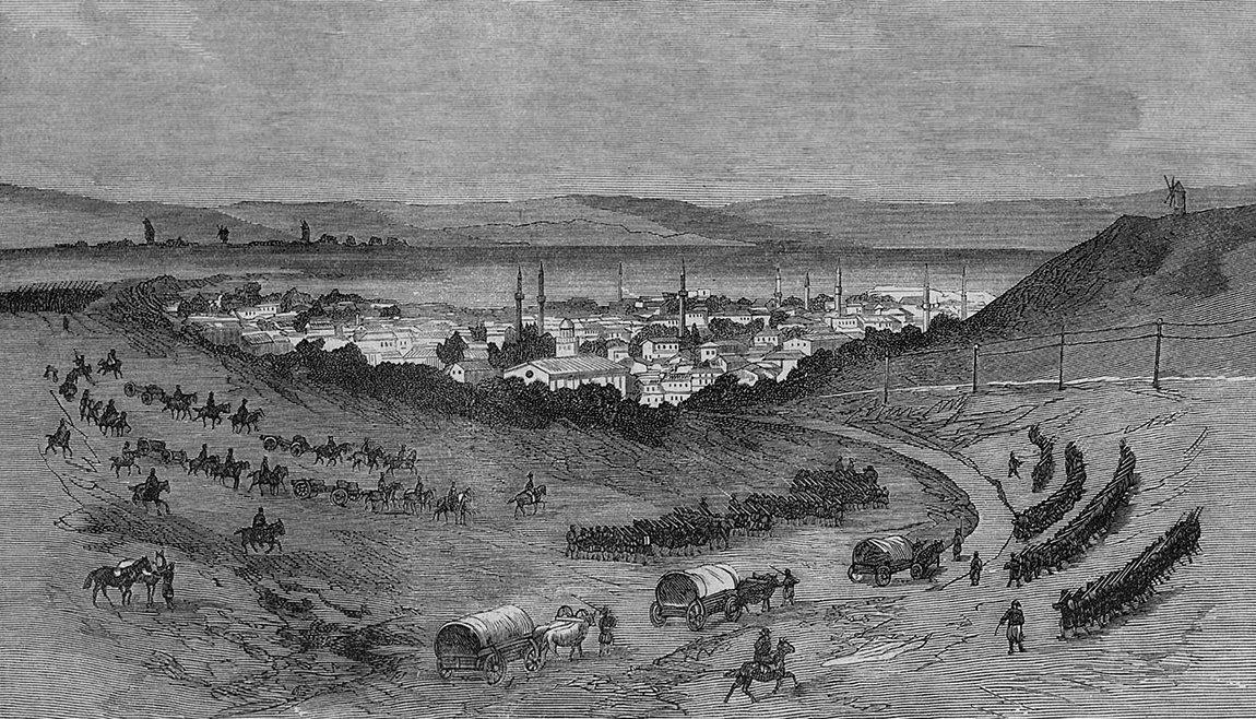 1877 yılında Hacıoğlupazarcığı’nı gösteren bir gravür (Illustrirovannaya Hronilea Voini, St. Petersburg 1878) (St. Petersburg Merkez Kütüphanesi’nin izniyle)