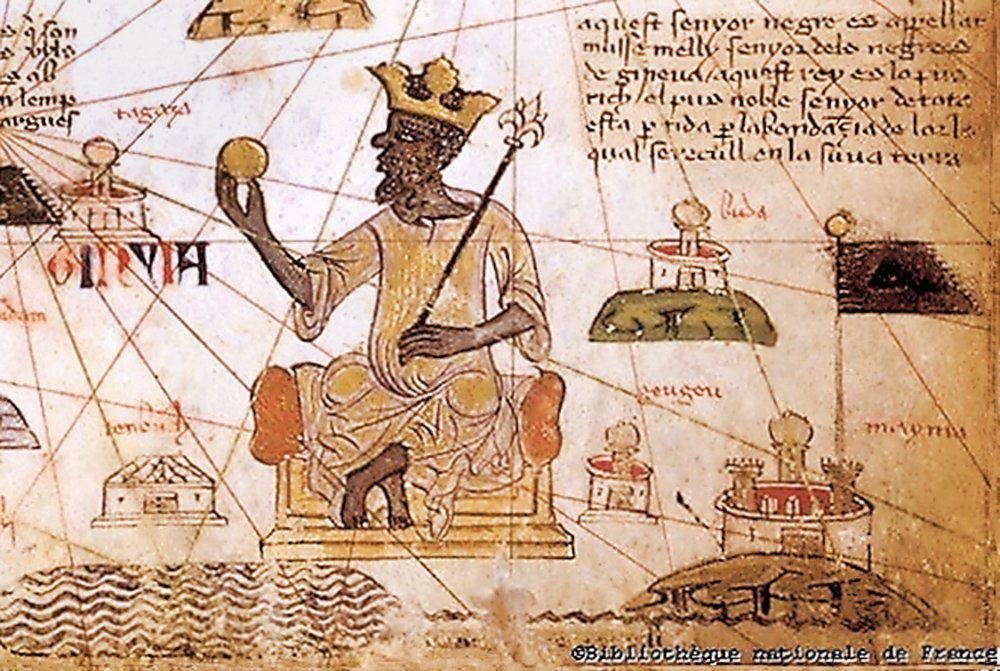 Abraham Cresques tarafından 1375 yılında çizilen Catalan Atlası’nda (The Catalan Atlas) Mense Mûsâ’nın tasviri (Paris Bibliothèque Nationale, ESP, nr. 30)