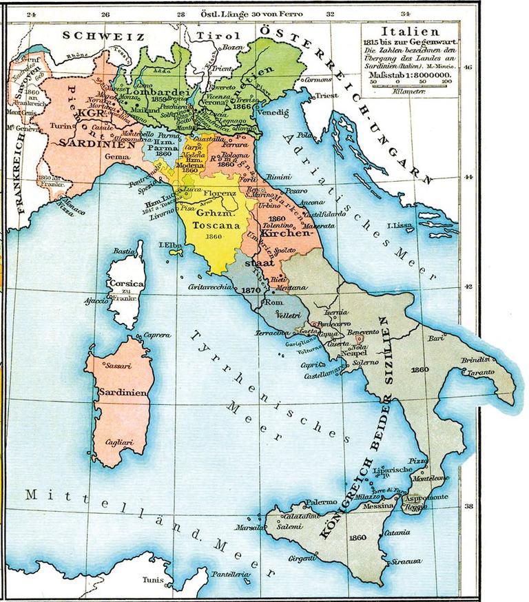 1815’lerde papalık devletinive İtalya’yı gösteren harita
