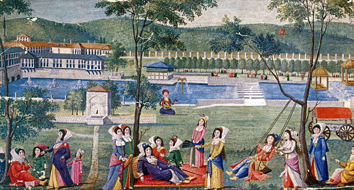 XVII. yüzyılın sonlarına ait bir minyatürde Kâğıthane’de kır safası yapan kadınlar (Enderunlu Fâzıl, Zenannâme, İÜ Ktp., nr. 5502, vr. 78a)