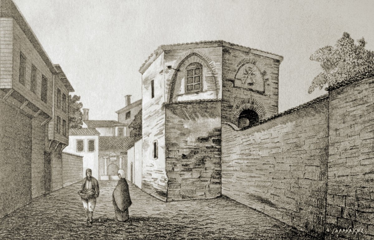 Şeyh Süleyman Mescidi’nin XIX. yüzyılın ikinci yarısında çizilen gravürü (A. G. Paspatis, Byzantinai Meletai, İstanbul 1877, s. 352)