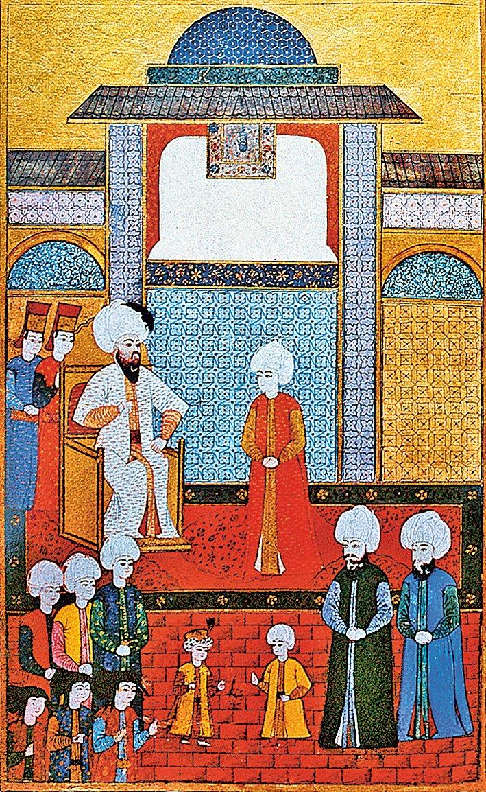 Kanûnî Sultan Süleyman’ı şehzadeleriyle birlikte tasvir eden bir minyatür (Tâlikîzâde Mehmed Subhi, Şehnâme, TSMK, III. Ahmed, nr. 3592, vr. 80a)