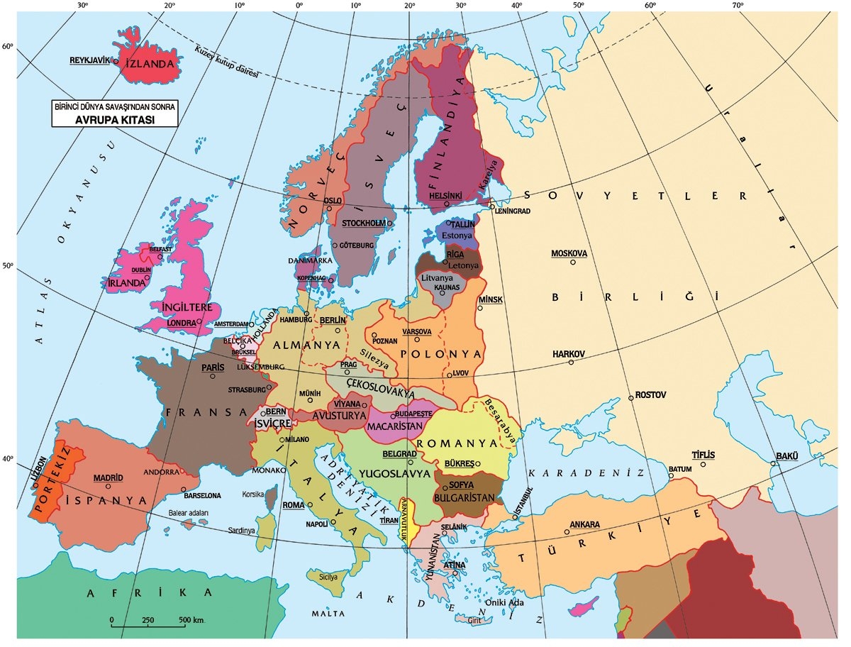 Birinci Dünya Savaşı’ndan sonraAvrupa kıtasını gösteren harita