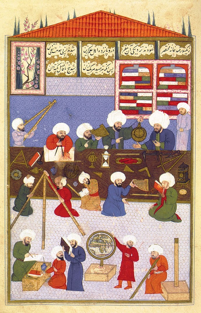 Müneccimbaşı Takıyyüddin er-Râsıd’ı İstanbul’da kurduğu rasathânesinde diğer ilim adamlarıyla çalışırken gösteren bir minyatür (Şehinşâhnâme-i Murâd-ı Sâlis, İÜ Ktp., nr. 1404, vr. 57a)