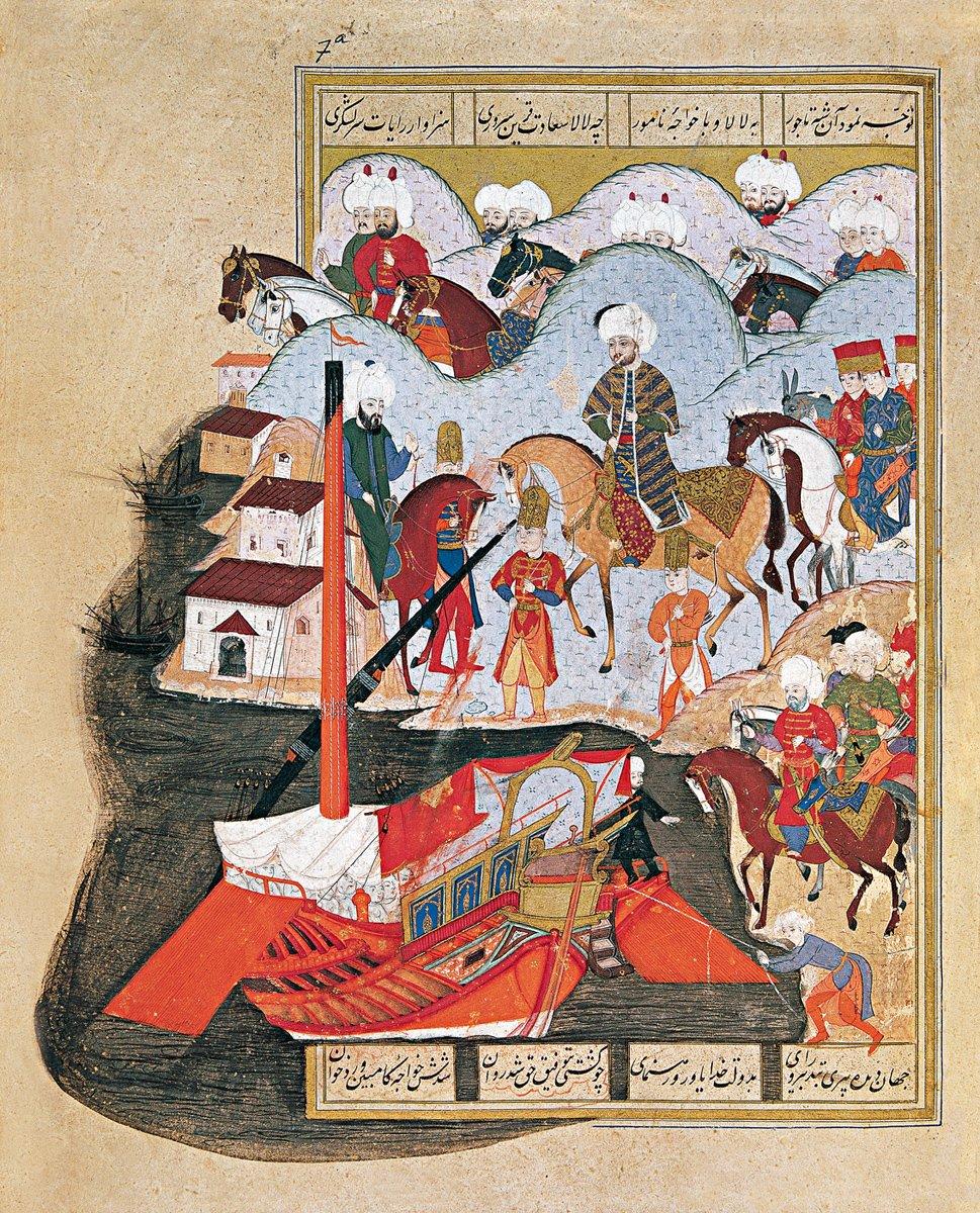 Sultan III. Murad’ı Mudanya İskelesi’nde tasvir eden bir resim (Lokmân b. Hüseyin, Şehinşâhnâme, I, İÜ Ktp., FY, nr. 1404, vr. 7a)
