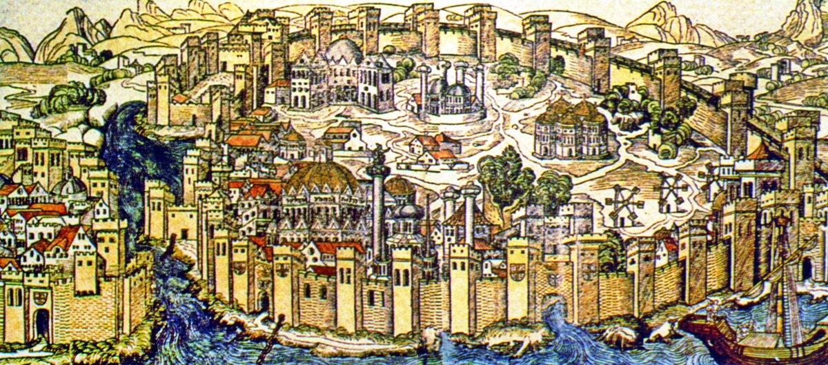 Hartmann Schedel’in Weltchronik adlı eserindeki (Nürnberg 1493) ağaç oyma tekniğinde yapılmış İstanbul gravürü