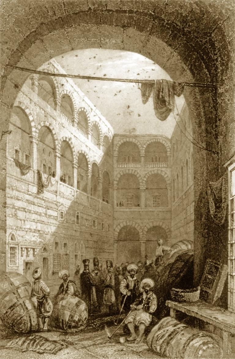 Büyük Yeni Han’ın XIX. yüzyılın ilk yarısı içinde W. H. Barlett tarafından çizilen gravürü (J. Pardoe, The Beauties of the Bosphorus, London, ts., s. 138)