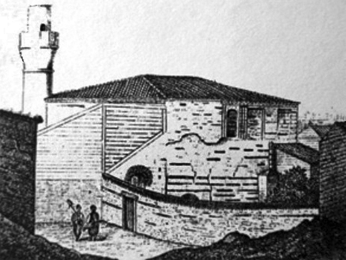 Kemankeş Mustafa Paşa’nın kiliseden camiye çevirdiği Odalar Camii’nin Gelenekis tarafından çizilen gravürü (G. Paspatis, Byzantinai Meletai, İstanbul 1877, s. 364)