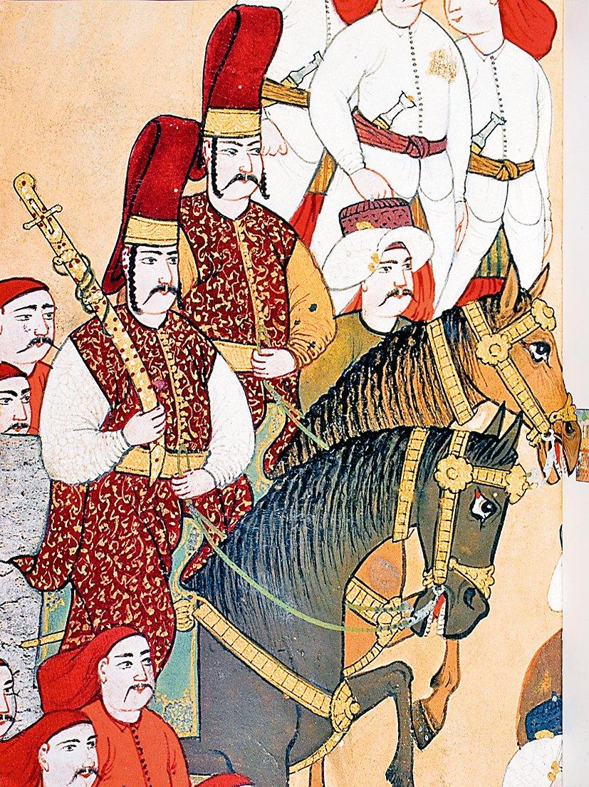 Resmigeçit sırasında omzunda padişahın kılıcını taşıyan silâhdar ağası (Surnâme-i Vehbî, TSMK, III. Ahmed, nr. 3593, vr. 16a’dan detay)