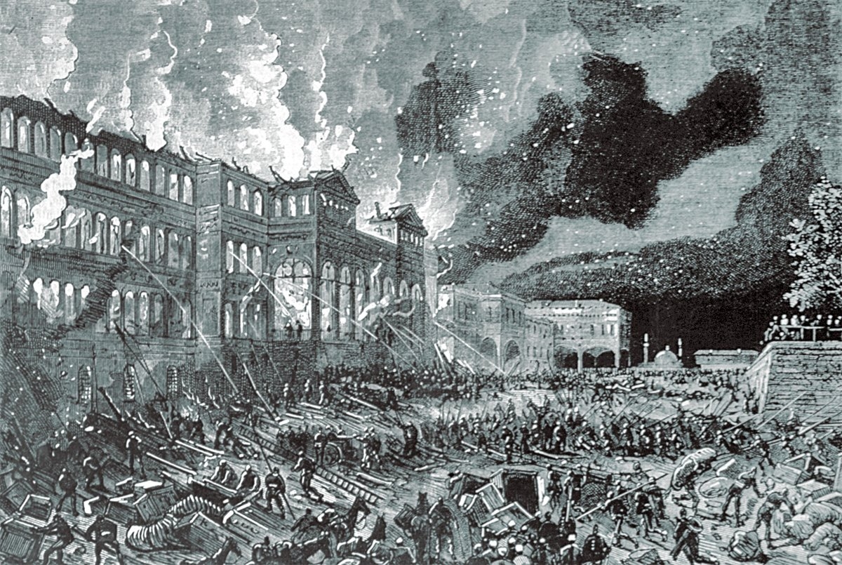 M. L. Frager tarafından çizilen krokiye göre Férat adlı ressamın yaptığı Bâbıâli yangınını gösteren resim (Semavi Eyice arşivi)