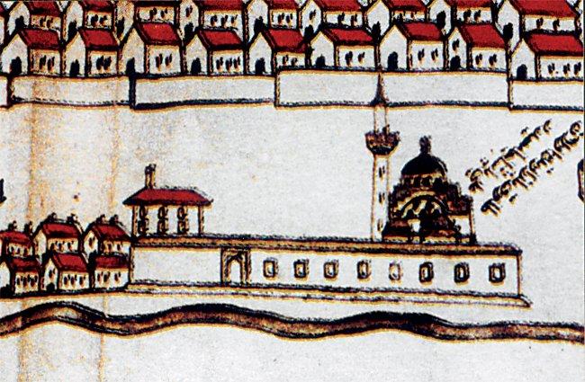 İstanbul’un su yollarını gösteren XVII. yüzyıla ait bir haritada Eski Fâtih Camii’nin tasviri (Köprülü Ktp., nr. 2441/1’den detay)
