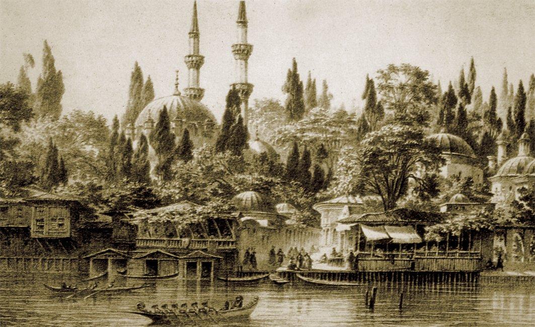 Eyüp’ün XIX. yüzyıl ortalarında çizilmiş bir gravürü (Eugène Flandin, L’Orient, Paris 1858, lv. 34)