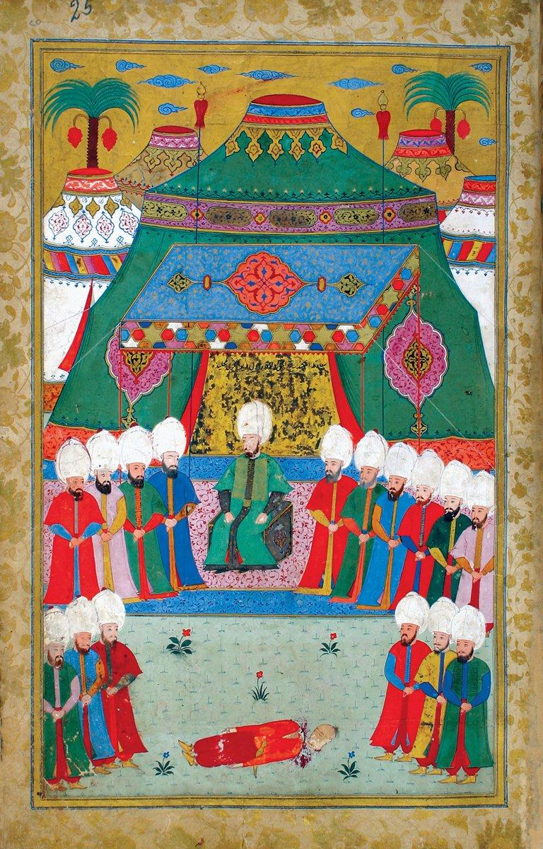 Mısır divanında bir idam hükmü infazını gösteren minyatür (Kelâmî, Vekāyi-i Ali Paşa, Süleymaniye Ktp., Hâlet Efendi, nr. 612, vr. 25a)