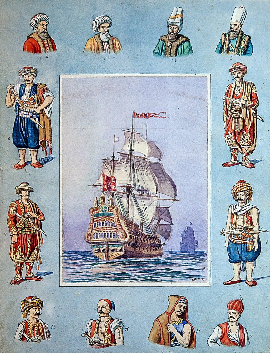 XVI. yüzyılda Osmanlı bahriye kıyafetleri ve bir kalyon (Hasan Hüsnü Tengüz Albümü, İstanbul Deniz Müzesi, nr. 578, vr. 11a)