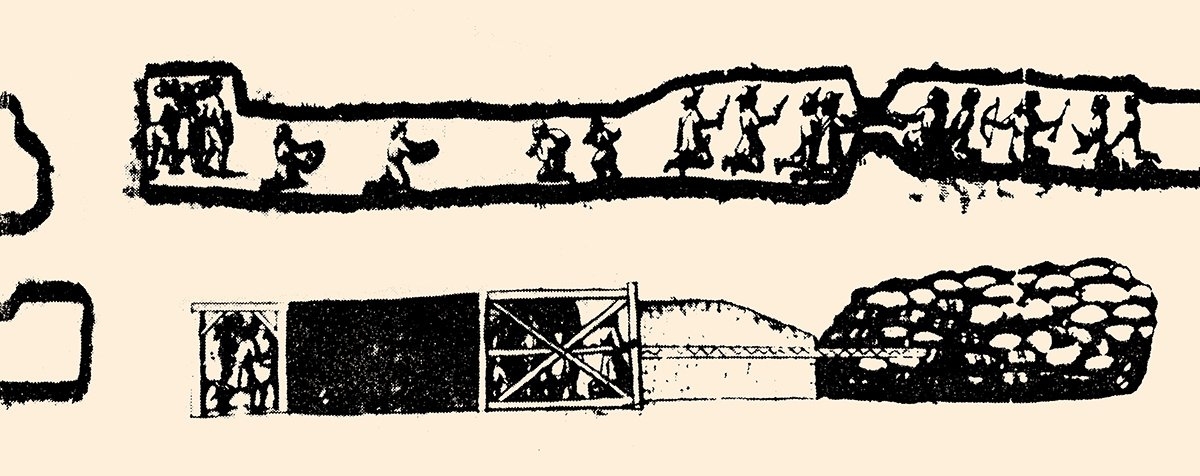 Kandiye kuşatmasında lağım savaşlarını gösteren çizim (Eickhoff, Atatürk Konferansları, II, rs. 6)