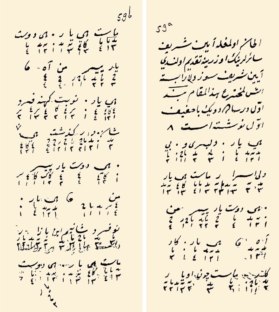 Abdülbâki Nâsır Dede’nin Tahrîriyye adlı eserinde, kendi icat ettiği harf notasıyla yazdığı III. Selim’in sûzidilârâ âyininin ilk sayfaları (Süleymaniye Ktp., Nâfiz Paşa, nr. 1242/2, vr. 59a-b)