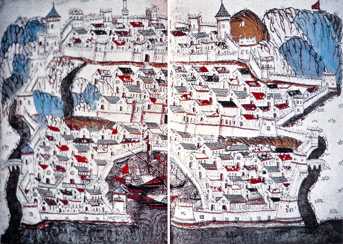 Matrakçı Nasuh’un Târîh-i Sultân Bâyezid adlı eserinde İnebahtı Kalesi’nin tasvir edildiği sayfalar (TSMK, Revan Köşkü, nr. 1272, vr. 21b-22a)