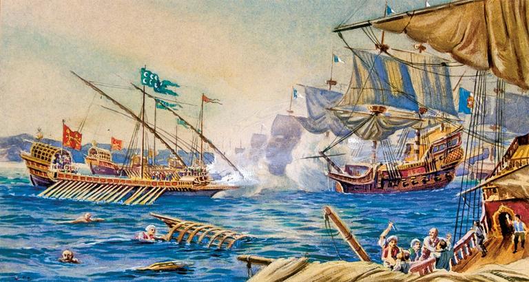 Seydi Ali Reis’in Hint Okyanusu’nda Portekizliler’le yaptığı savaştaki gemileri tasvir eden bir resim (Hüsnü Tengüz Albümü, İstanbul Deniz Müzesi,nr. 578, vr. 9a)