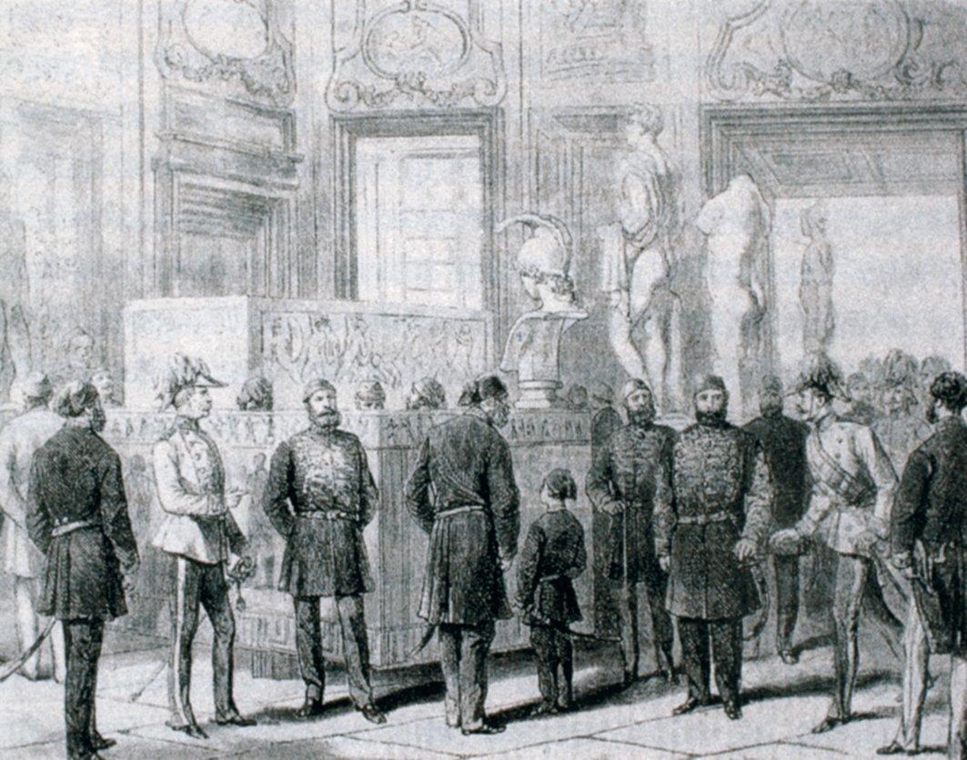 Sultan Abdülaziz’in Fransa’da Abras Galerisi’ni ziyaret edişini tasvir eden gravür (L’Illustration’dan)
