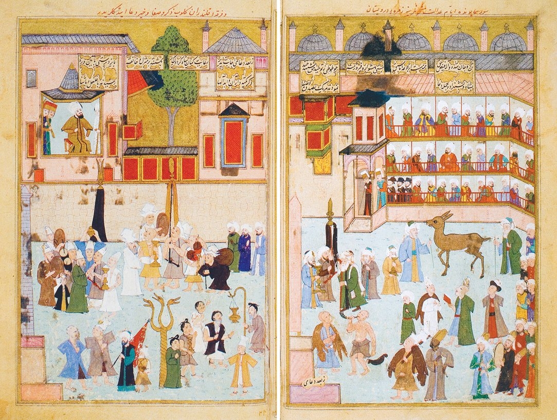 XVI. yüzyılın sonlarında şehzadeler için düzenlenen sünnet düğünü şenliklerinde dervişleri Atmeydanı’nda gösteren minyatürler (Şehinşâhnâme, TSMK, Bağdat Köşkü,nr. 200, vr. 78b-79a)