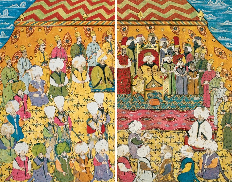 Sultan III. Ahmed’in huzurunda şeyhülislâmın da bulunduğu bir toplantıda ulemânın tartışmasını gösteren bir minyatür (Surnâme-i Vehbî, TSMK,III. Ahmed, nr. 3593, vr. 41b-42a)