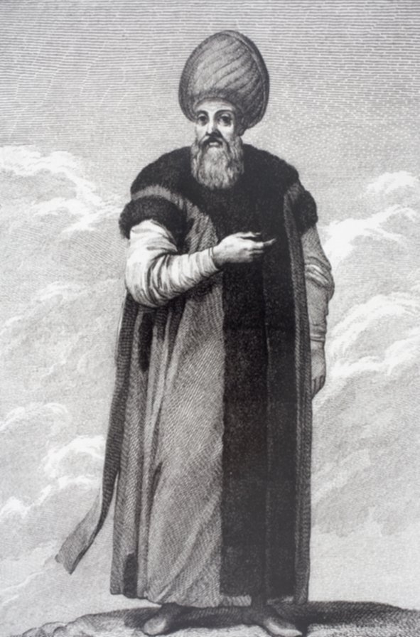 Nakîbüleşrafı tören elbiseleriyle tasvir eden bir çizim (Ignatius Mouradgea d’Ohsson, Tableau général de l’Empire Ottoman, Paris 1790, II, lv. 95)