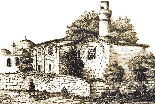 Esekapısı Mescidi ve Medresesi’nin XIX. yüzyıl içinde Galanakis tarafından yapılmış bir gravürü (Paspatis, s. 362)
