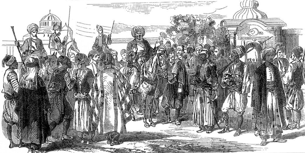 Kırım savaşı esnasında Beyazıt Meydanı’nda imamı dinleyen ahaliyi tasvir eden gravür (I’llustration Journal Universal, Paris 1854, XXIV, 52)