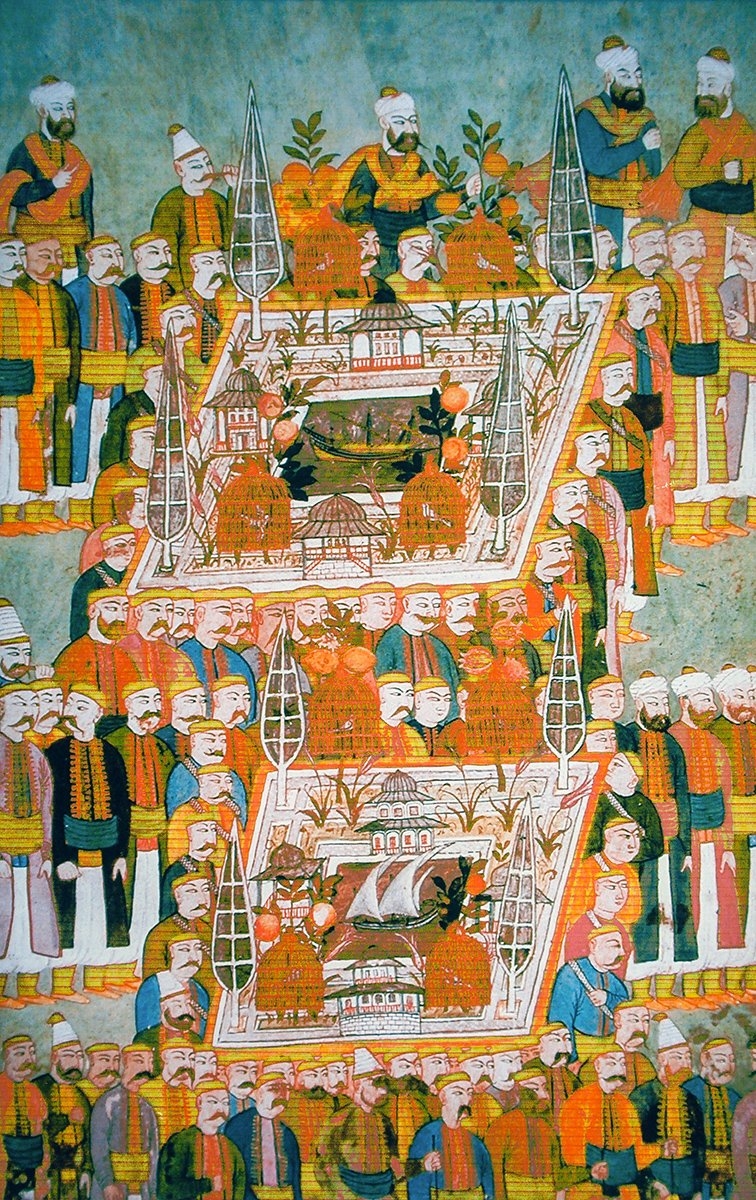 1720 şenliğinde şeker bahçelerini gösteren bir minyatür (Surnâme-i Vehbî, TSMK, III. Ahmed, nr. 3594, vr. 15b)
