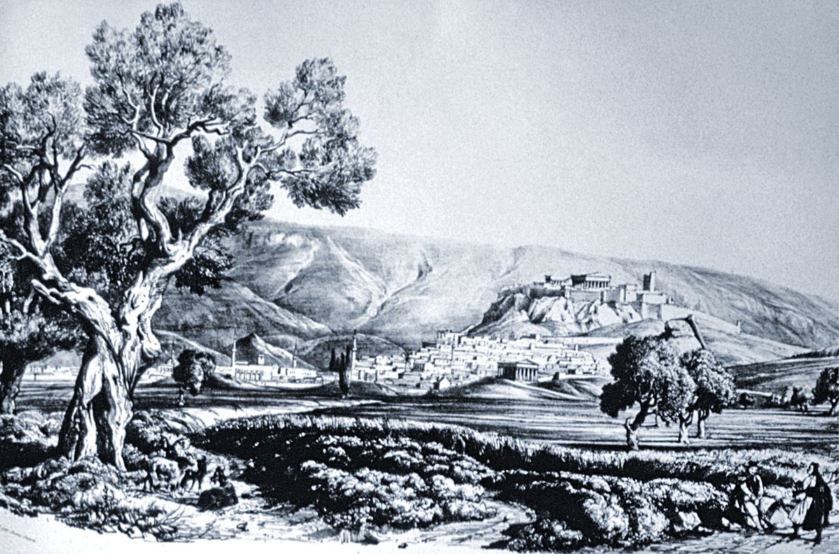 XIX. yüzyılın ilk yarısı içinde Atina’yı gösteren bir gravür (Otto Magnus von Stackelberg, La Grèce, Vues pittoresques topographiques, Paris 1834)