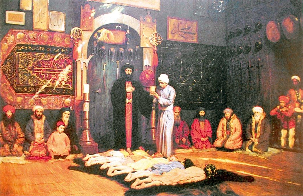 Rifâî Âsitânesi’ndeki bir âyin sırasında şeyhin devsiyesini tasvir eden, 1891’de Albert Aublet tarafından yapılmış tablo (Houston David B. Chalmers Koleksiyonu)
