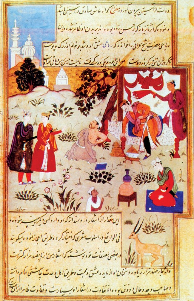 Emîr Hüsrev-i Dihlevî’yi Sultan Fîrûz Şah Halacî’nin huzurunda tasvir eden bir minyatür (Oriental Miniatures, Taşkent 1980, rs. 31)