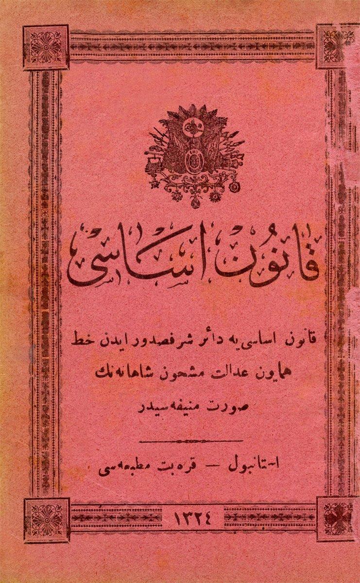 Kānûn-ı Esâsî’nin İstanbul Karabet Matbaası’na ait 1324 (1908) tarihli matbû neşrinin kapağı(İSAM Ktp., nr. 037613)