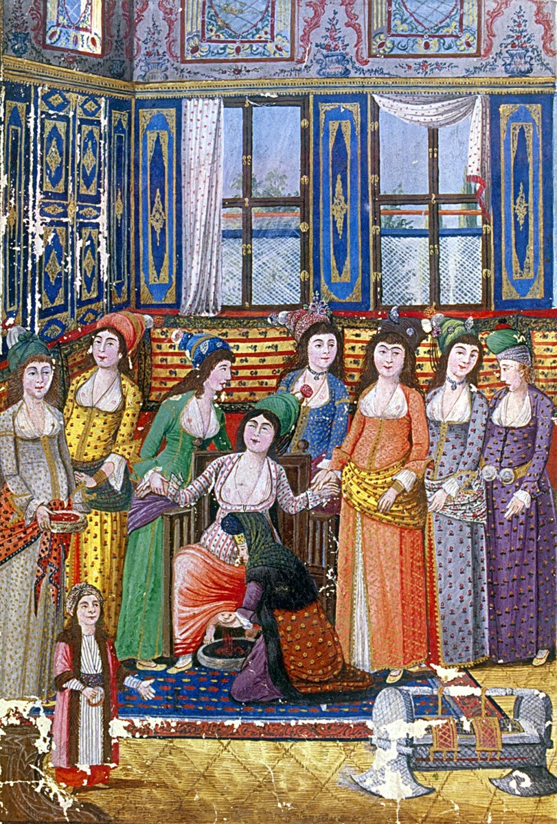 Enderunlu Fâzıl’ın Zenannâme adlı eserinden sarayda bir doğumun tasvir edildiği minyatür(İÜ Ktp., TY, nr. 5502, vr. 142a)