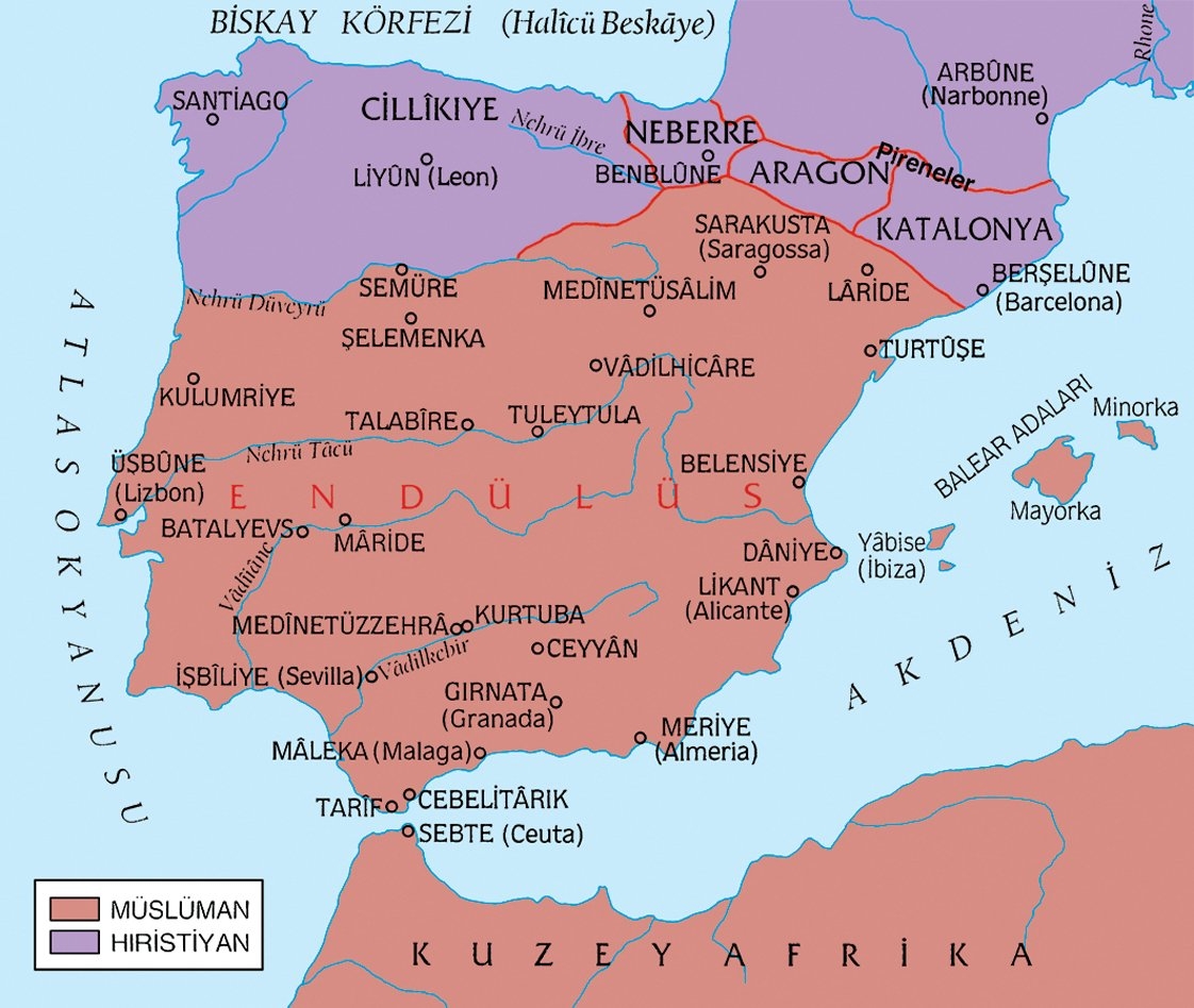 İber yarımadasında Endülüs Emevî Devleti ile hıristiyanların hâkimiyetindeki topraklarıgösteren harita