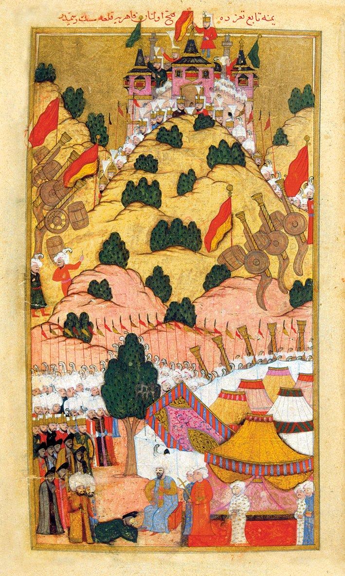 Taiz Kalesi’nin zaptedilmesini tasvir eden bir minyatür (Rumûzî Mustafa, Târîh-i Feth-i Yemen,İÜ Ktp., TY, nr. 6045, vr. 59a)