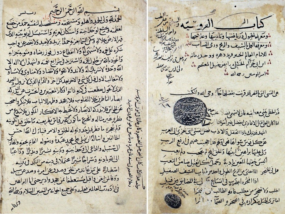 İbn Ahî Hizâm’ın Kitâbü’l-Ḫayl ve’l-fürûsiyye ve’l-bayṭara adlı eserinin unvan sayfasıyla ilk sayfası (Beyazıt Devlet Ktp., Veliyyüddin Efendi, nr. 3174)