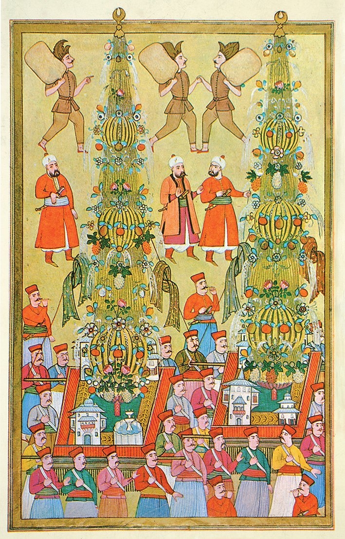 Sünnet alayında taşınan iki nahil (Surnâme-i Vehbî, TSMK, III. Ahmed, nr. 3593, vr. 161a)