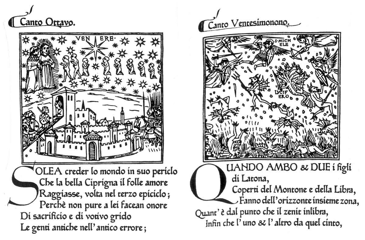İlâhî Komedya’nın Venedik 1491 tarihli ağaç baskı nüshasından tasvirli iki sayfa