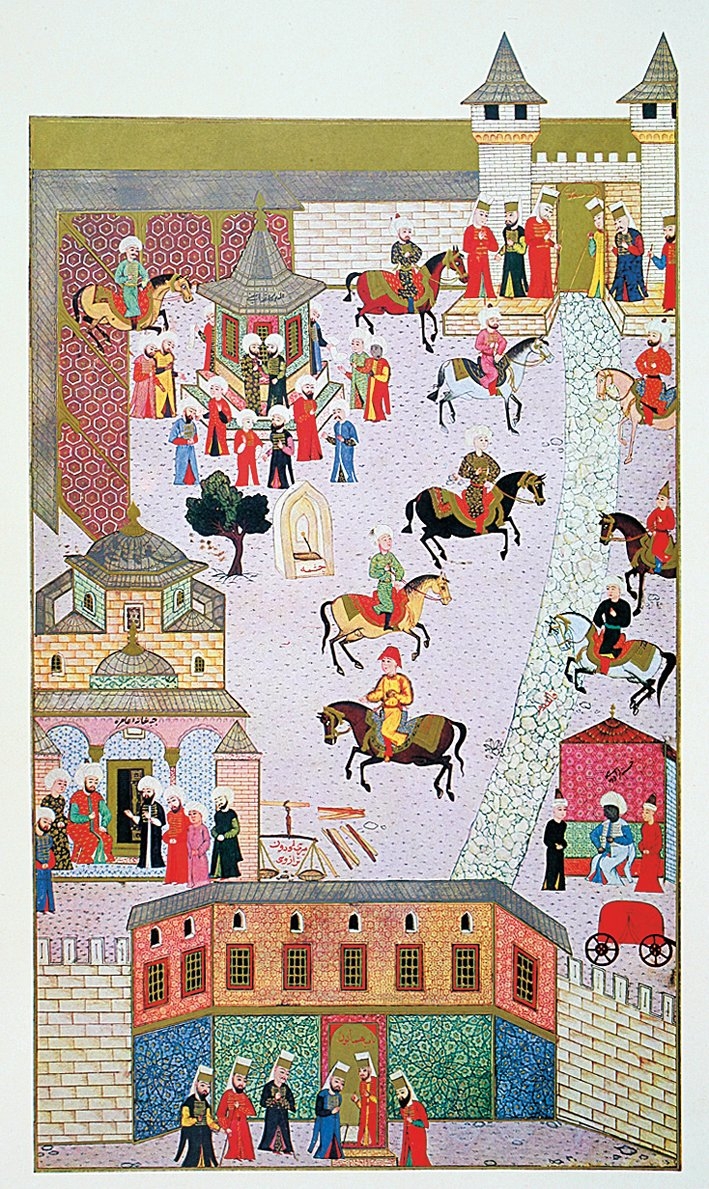 Seyyid Lokmân’ın Hünernâme adlı eserinde Topkapı Sarayı’nın birinci avlusunu tasvir eden minyatür (TSMK, Hazine, nr. 1523, vr. 15b)