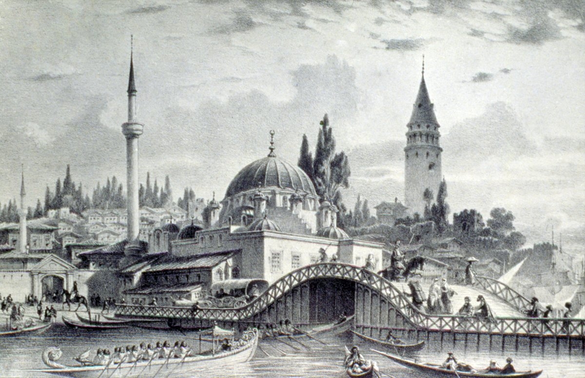 XIX. yüzyıl ortalarına ait bir gravürde 1836 tarihli ilk Unkapanı (Hayrâtiye) Köprüsü (Flandin, lv. 20)