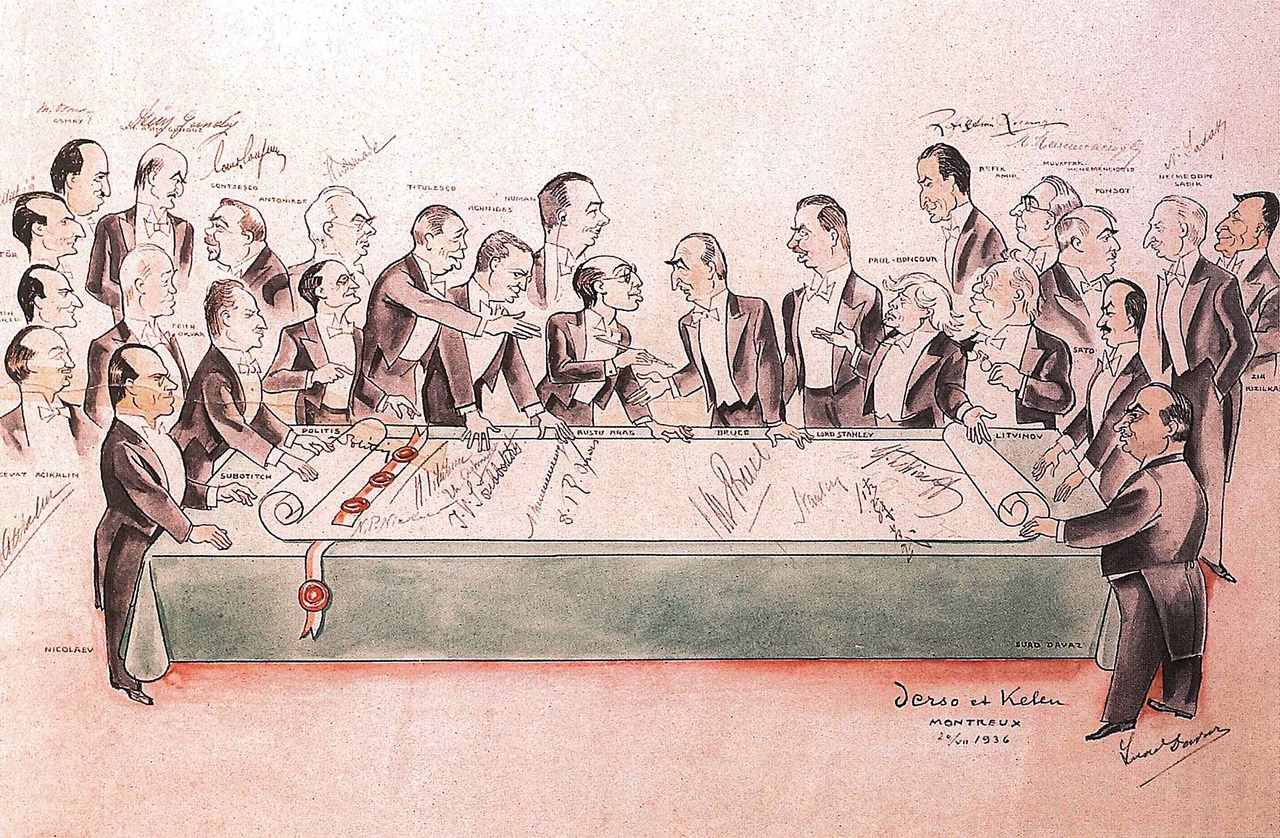 Karikatürist Derso ve Kelen’in çizimiyle Montrö Boğazlar Sözleşmesi’nin imza töreni (Cumhuriyetin 75 Yılı: 1923-1953, İstanbul 1998, I, 168)