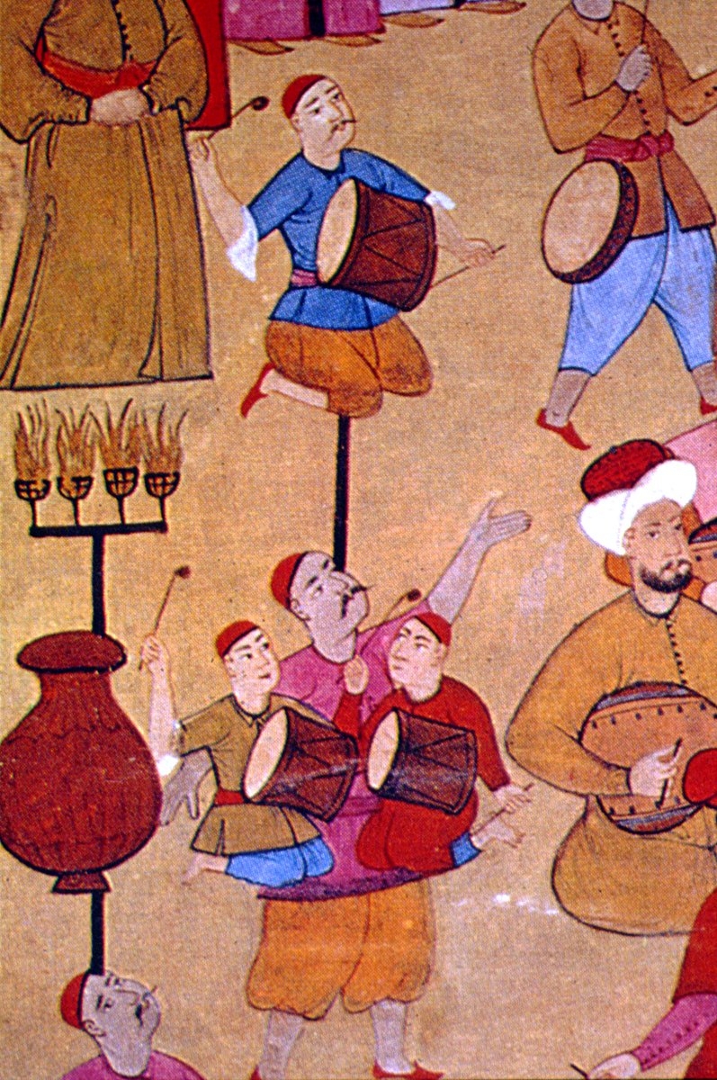 Bir düğün alayı minyatüründe canbazlık yapan davulcular (Seyyid Vehbî, Surnâme, TSMK, III. Ahmed, nr. 3593)