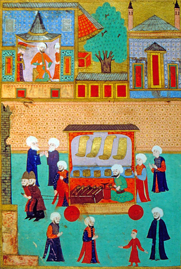 XVI. yüzyılda hokkacı esnafının resmigeçidini gösteren bir minyatür (Seyyid Lokmân, Surnâme-i Hümâyun, TSMK, nr. 1344, VI, vr. 327a)