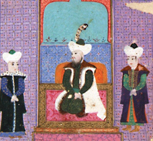 I. Murad’ı tahtında tasvir eden bir minyatür (Silsilenâme-i Âl-i Osmân, İÜ Ktp., TY, nr. 9365)