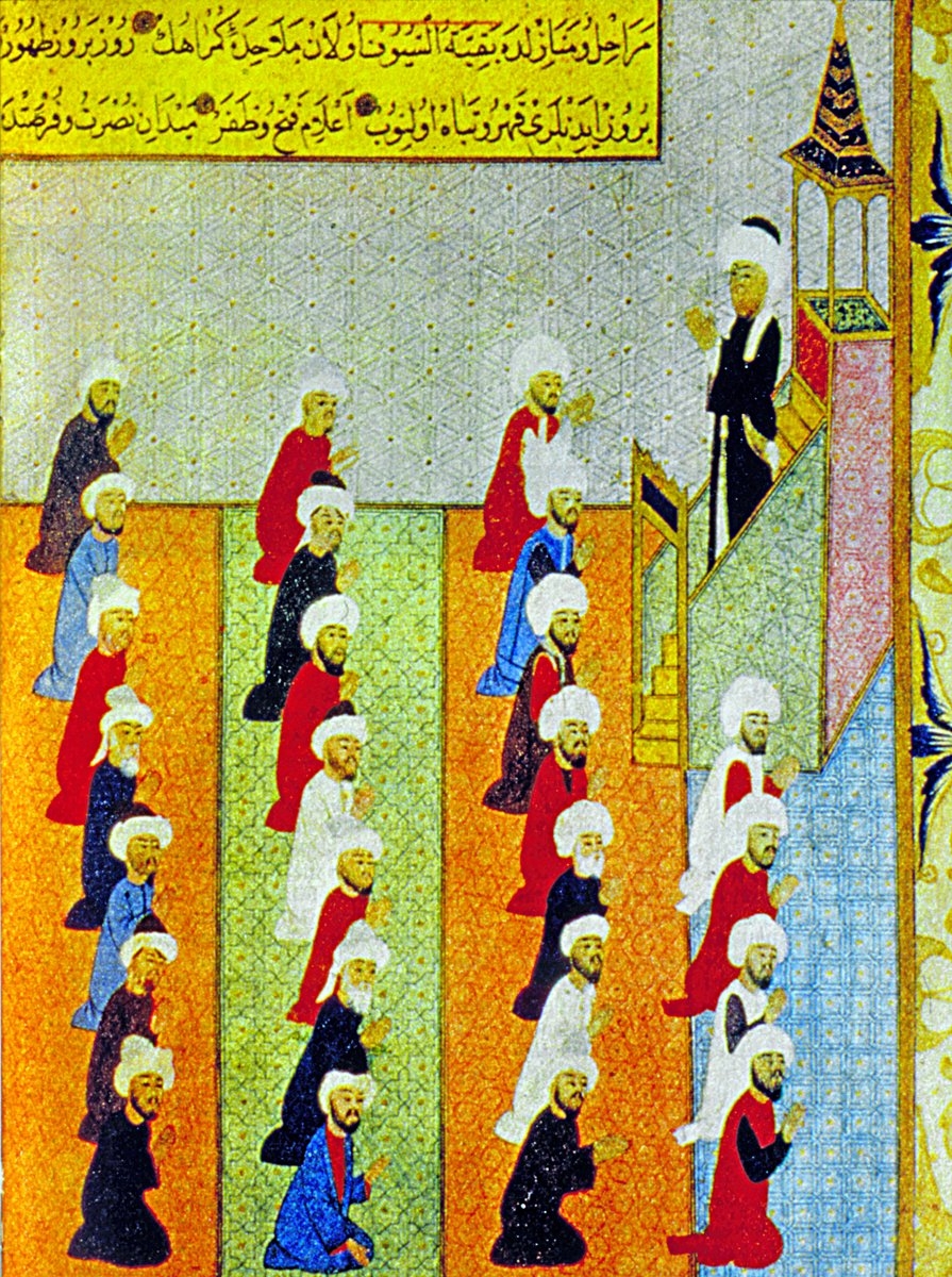 Bir cuma hutbesi sırasında hatip ve cemaati tasvir eden minyatür (Âlî Mustafa Efendi, Nusretnâme, TSMK, Hazine, nr. 1365, vr. 105b)